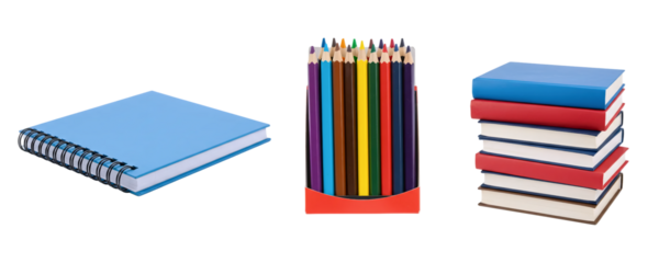 A set of study supplies with a blue notebook, a pencil case full of colored pencils, and a stack of books. This collection is perfect for themes of homework, art class, and organized learning.