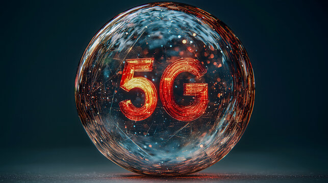 5G network concept rendered as a glass globe with orange blue internal