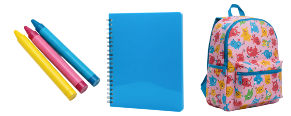 A set of art and school supplies, featuring colored pencils, a blue notebook, and a floral-patterned backpack. This collection is perfect for students, creative projects, and back-to-school themes.