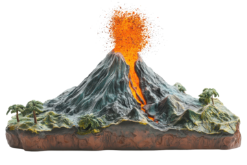 Erupting volcano displays vibrant lava and ash against a pure white background capturing the dynamic nature of volcanic activity