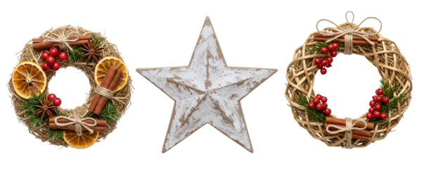 A set of three rustic Christmas wreaths, including one with berries and two star-shaped designs. This collection is perfect for a natural, farmhouse, or country-style holiday theme.