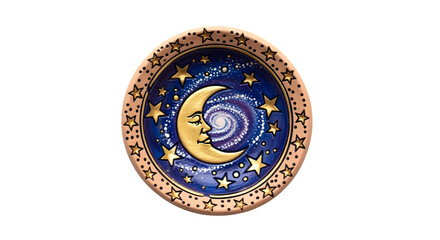 Clay charm dish with celestial designs, isolated on white background