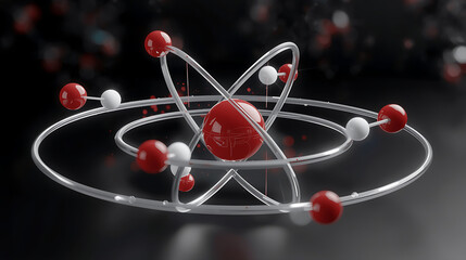 Abstract 3D rendering of atomic model with glossy red and white spheres, arranged along circular orbital paths, set against a sleek black background, focusing on the central red sphere.
