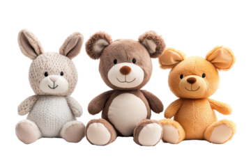 Colorful stuffed animal toys set isolated on white background featuring bunny, bear, and cub in inviting and playful arrangement suitable for children's decor or gifts
