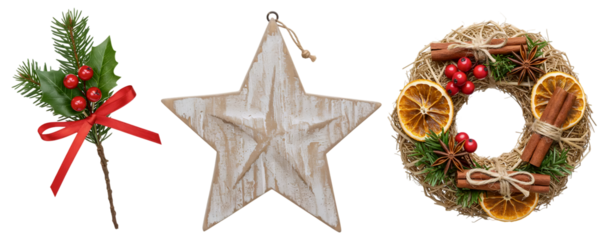A collection of natural Christmas decorations, with a sprig of holly, a rustic wooden star, and a wreath made of dried oranges and cinnamon. This set evokes a traditional and aromatic holiday feel.