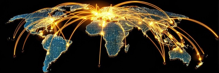 Global Network Connections Illustrated With Glowing Lines Over a Digital World Map Showcasing International Communication and Interaction