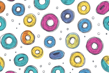 Colorful circle doodle seamless pattern featuring vibrant rings in various shades on a white background perfect for textiles or digital designs