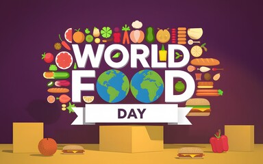World food day celebration with diverse food items and earth graphics