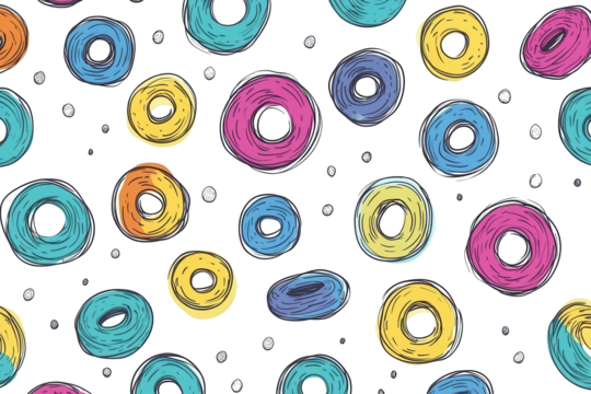 Colorful circle doodle seamless pattern featuring vibrant rings in various shades on a white background perfect for textiles or digital designs