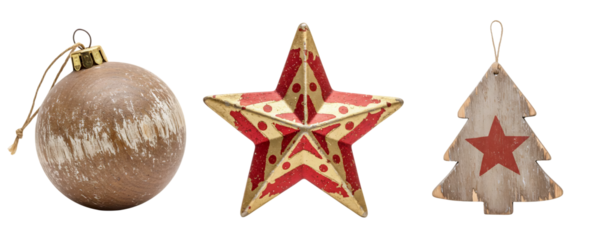 A collection of three classic Christmas ornaments, including a patterned bauble, a red star, and a wooden tree. This set combines traditional and rustic elements for a cozy holiday feel.