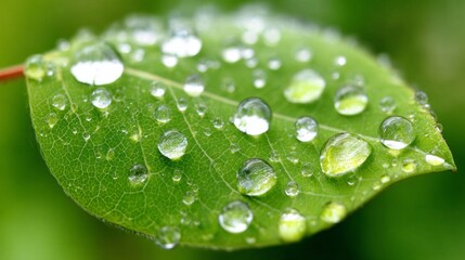 Beautiful green leaf adorned with droplets of water glistens in the sunlight after a refreshing rain