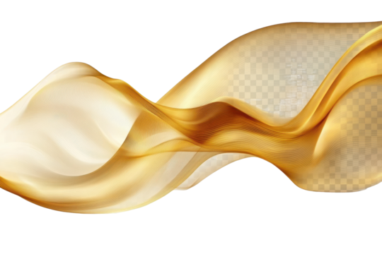 Luxurious abstract shiny golden wave gracefully flowing on a transparent background, capturing the essence of elegance and sophistication in a contemporary art form