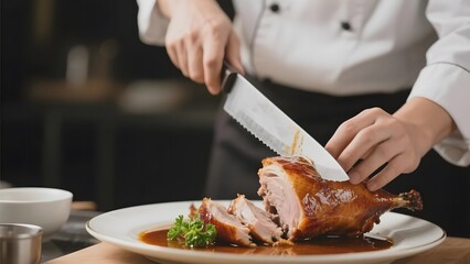 Chef slicing roasted duck on a plate with garnish