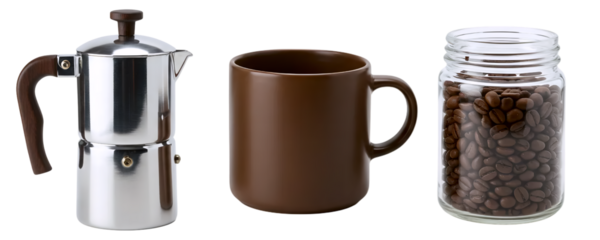 A set for making coffee, including a moka pot, a brown mug, and a jar of roasted coffee beans. This collection represents a classic coffee brewing process for a rich, aromatic beverage.