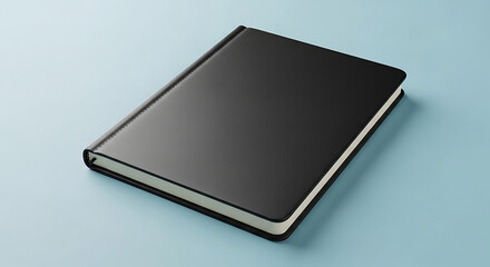 A black, closed notebook, lying flat on a light blue surface.
