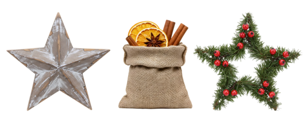 A charming rustic Christmas gift set with two star ornaments, a burlap sack, and cinnamon sticks. This collection represents traditional holiday gift-giving and natural elements.