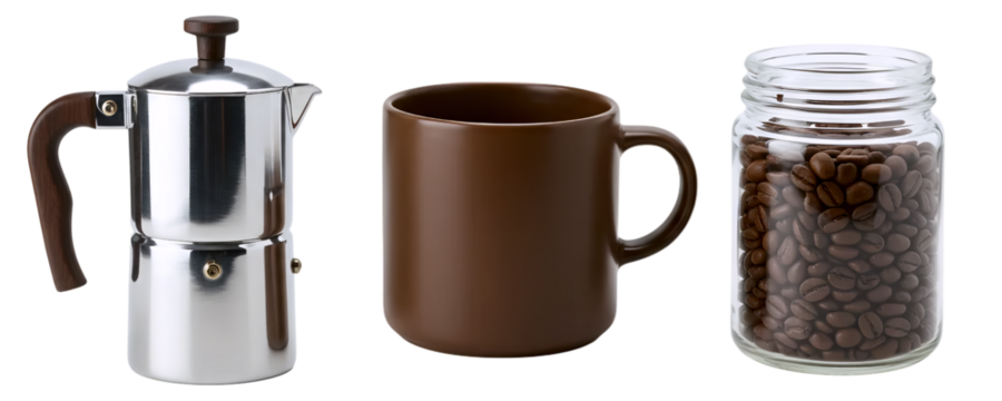 A set for making coffee, including a moka pot, a brown mug, and a jar of roasted coffee beans. This collection represents a classic coffee brewing process for a rich, aromatic beverage.