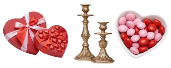 An elegant Valentine's Day candy display with heart-shaped candies in bowls and two ornate golden candlestick holders. This sweet and sophisticated set is perfect for a romantic celebration.