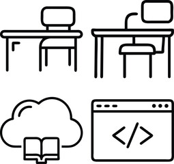 Four simple line art icons depict a desk with a chair, a computer desk setup, a cloud with an open book, and a browser window with code.