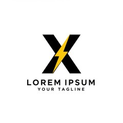 Bold black letter x logo with a bright yellow lightning bolt striking through it isolated on white background
