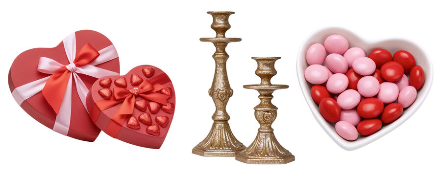 An elegant Valentine's Day candy display with heart-shaped candies in bowls and two ornate golden candlestick holders. This sweet and sophisticated set is perfect for a romantic celebration. - Powered by Adobe