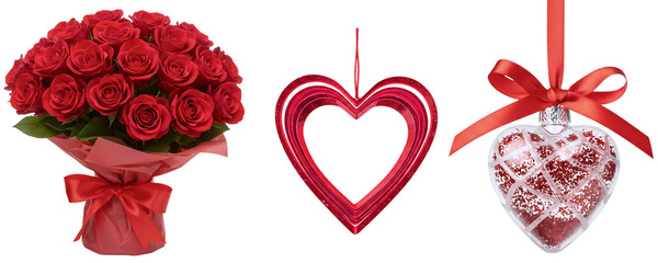 A beautiful Valentine's Day gift set with a bouquet of red roses, a hanging heart ornament, and another heart-shaped gift. This collection is a classic representation of romantic gestures.