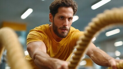Focused adult male engages in battle rope exercise in a modern gym setting during workout session