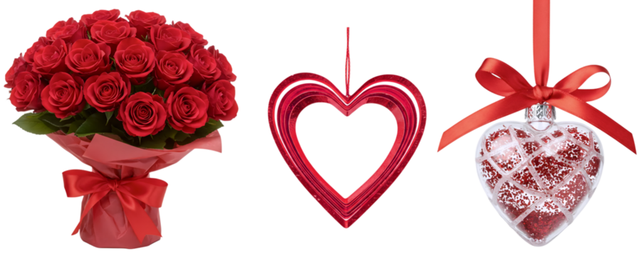 A beautiful Valentine's Day gift set with a bouquet of red roses, a hanging heart ornament, and another heart-shaped gift. This collection is a classic representation of romantic gestures.