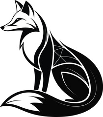 Monochrome Geometric Fox Illustration Graceful Seated Animal Artwork in Black and White Detailed Design Emblematic of Wilderness and Cunning