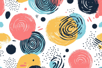 Colorful circle doodle seamless pattern featuring vibrant shapes and playful designs on a clean white background