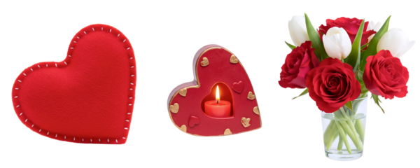 A romantic set with two plush red hearts and a beautiful bouquet of red roses in a glass vase. This collection is a classic symbol of love and affection for Valentine's Day.