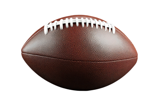 Realistic American football ball on transparent background showcasing textured surface and laces ideal for sports graphics and digital design projects