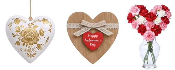 A rustic Valentine's Day set with two heart-shaped ornaments, a tag, and a bouquet of pink roses. This charming collection is perfect for a sweet, handcrafted-style romantic theme.