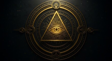 Golden all-seeing eye symbol within a circular, ornate design.