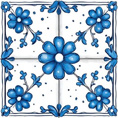 Blue and White Floral Tile Pattern Design, Generative AI