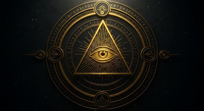 Golden all-seeing eye symbol within a circular, ornate design. - Powered by Adobe