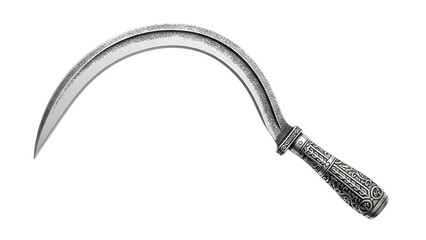 Antique silver sickle tool for harvesting crops with ornate handle isolated on white background on transparent background