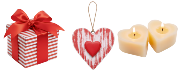 A simple and romantic set with a red gift box tied with a bow and two heart-shaped candles. This collection is perfect for a minimalist Valentine's Day or anniversary theme.