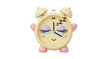 Cute alarm clock with sleepy pastel eyes, isolated on white background