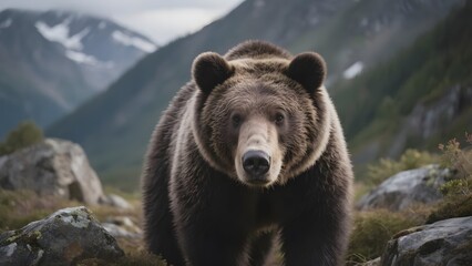 A majestic brown bear stands amidst rocky terrain with a mountainous backdrop.