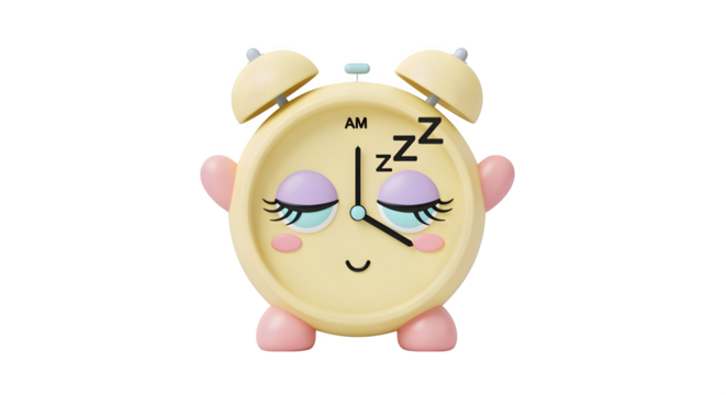 Cute alarm clock with sleepy pastel eyes, isolated on white background