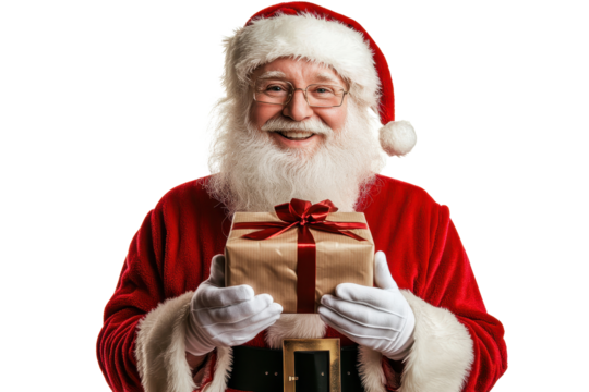 Santa Claus dressed in a classic red suit holds a beautifully wrapped gift with a red ribbon, spreading holiday cheer in a festive atmosphere during Christmas season