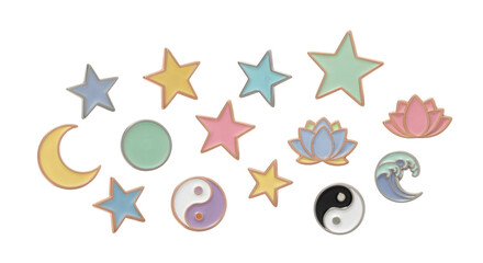 Obraz premium Decorative pastel enamel pins (stars, moon, zen icons), isolated on white background