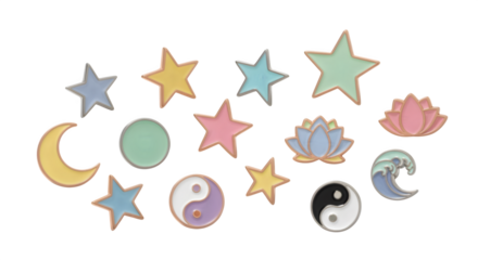 Decorative pastel enamel pins (stars, moon, zen icons), isolated on white background