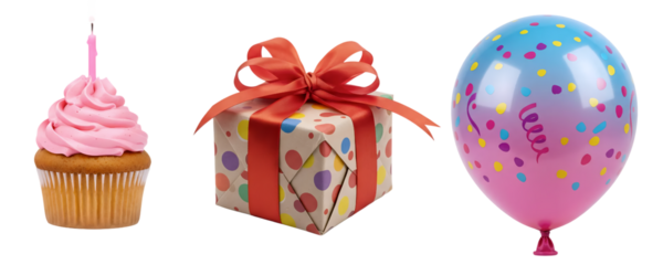 A collection of birthday party items, including a cupcake with a candle, a red gift box, and a blue balloon with a star. This set is a simple and classic representation of a birthday celebration.