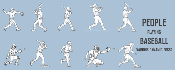 Architectural Drawings people playing baseball in various dynamic poses such as pitching, batting, catching, and running bases vector illustration, side view, human person Minimal style hand drawn.