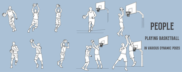 Architectural Drawings people playing basketball in various dynamic poses such as dribbling, shooting, passing, and jumping for rebounds vector illustration, side view, human person  © MkJutt