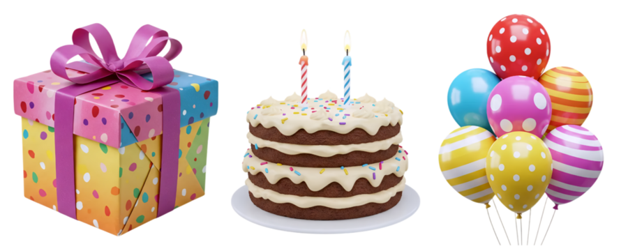 A festive birthday celebration set with a pile of colorful gifts, a chocolate cake with lit candles, and a bunch of balloons. Perfect for creating joyful and celebratory party designs.