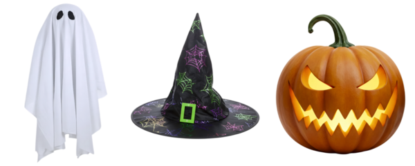 A collection of spooky Halloween characters, featuring a white ghost, a witch hat with a spider, and a carved jack-o'-lantern. This set is perfect for fun and whimsical holiday designs.
