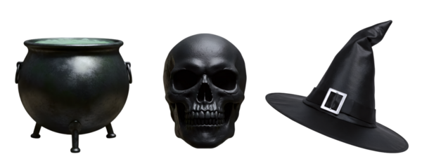 A set of witch's brew ingredients and accessories, including a black cauldron, a human skull, and a pointed witch hat. This collection is perfect for a magical and spooky Halloween theme.